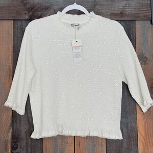 DKNY Jeans Womens XL White Sequin Smocked Elbow Sleeve Top Shirt Ruffle